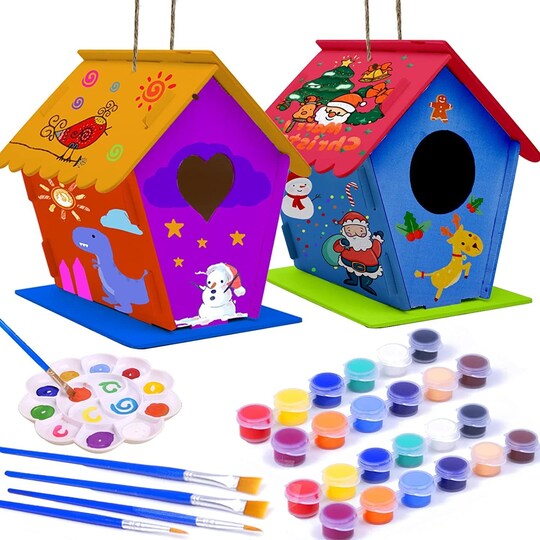 DIY Birdhouse Kit - 2 Pack, Includes Paints & Brushes, Wooden Crafts for Kids